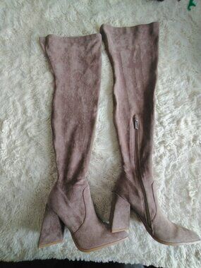 Cape Robbin Scipio Taupe Faux Suede Over The Knee Boots Triangle Block Heel -6